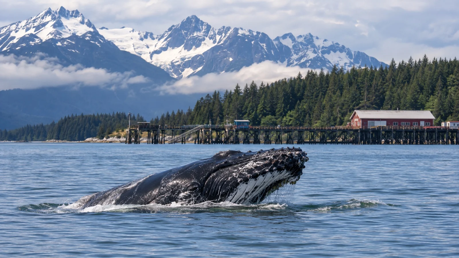 Humpback whale surfacing offshore near Icy Strait Point cruise port, no boats with visible people