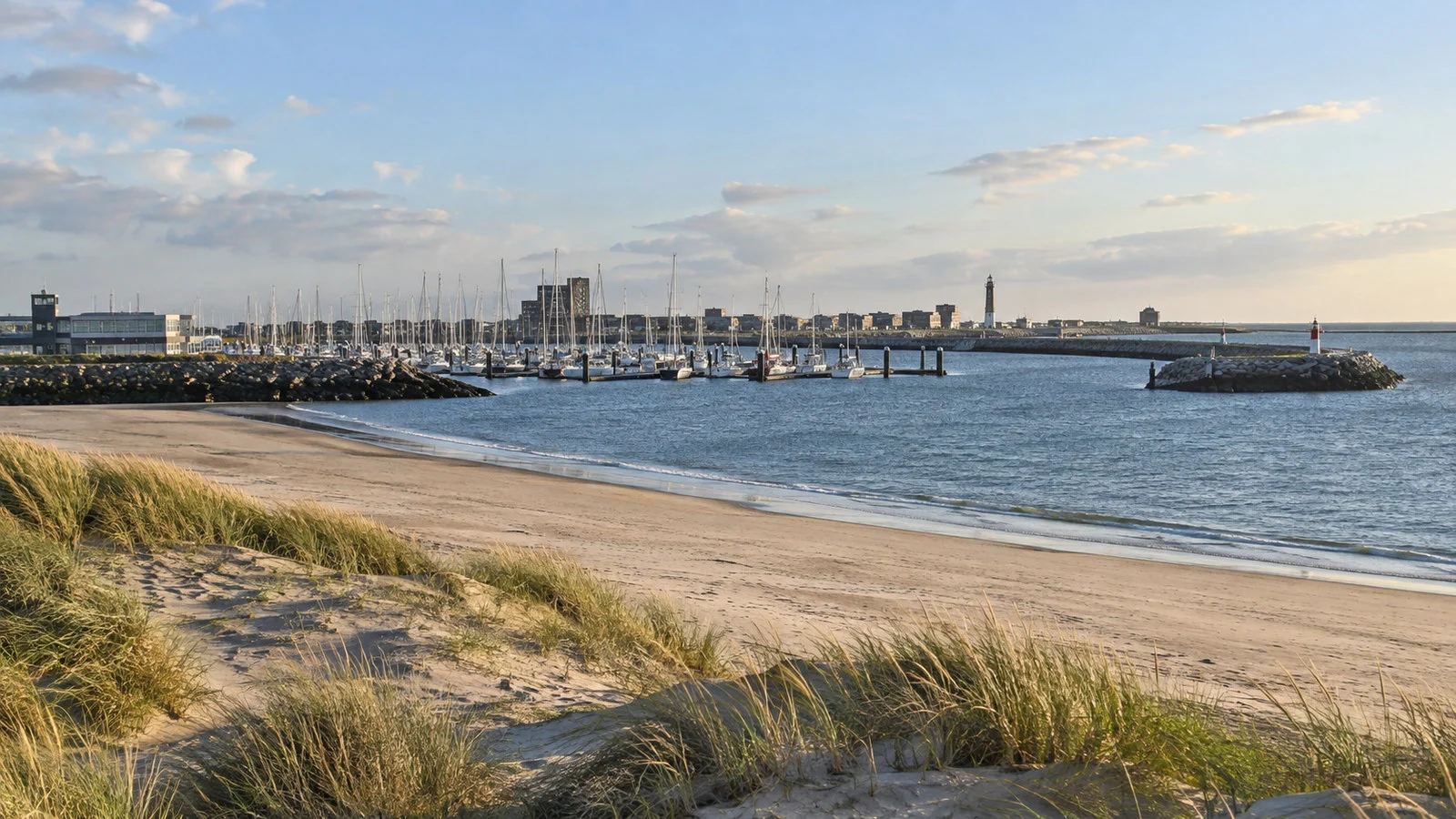 IJmuiden Netherlands wide sandy beach and marina with sailboats and dune edge, no people