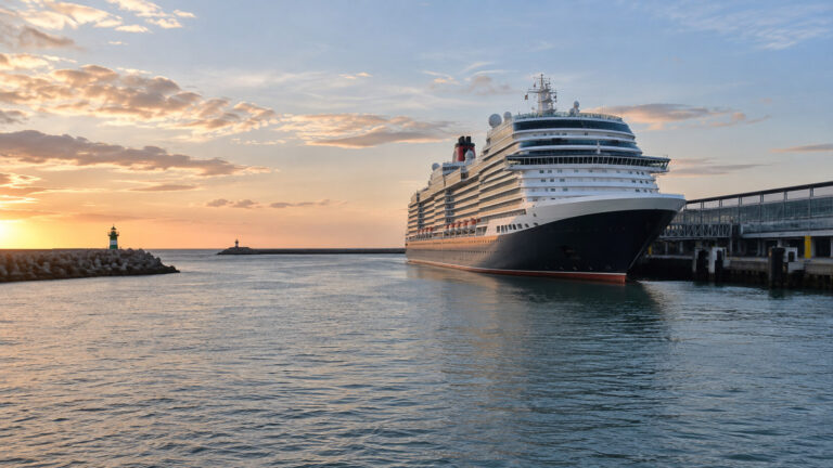 Large cruise ship at IJmuiden Netherlands sea harbor terminal near North Sea breakwater, no people