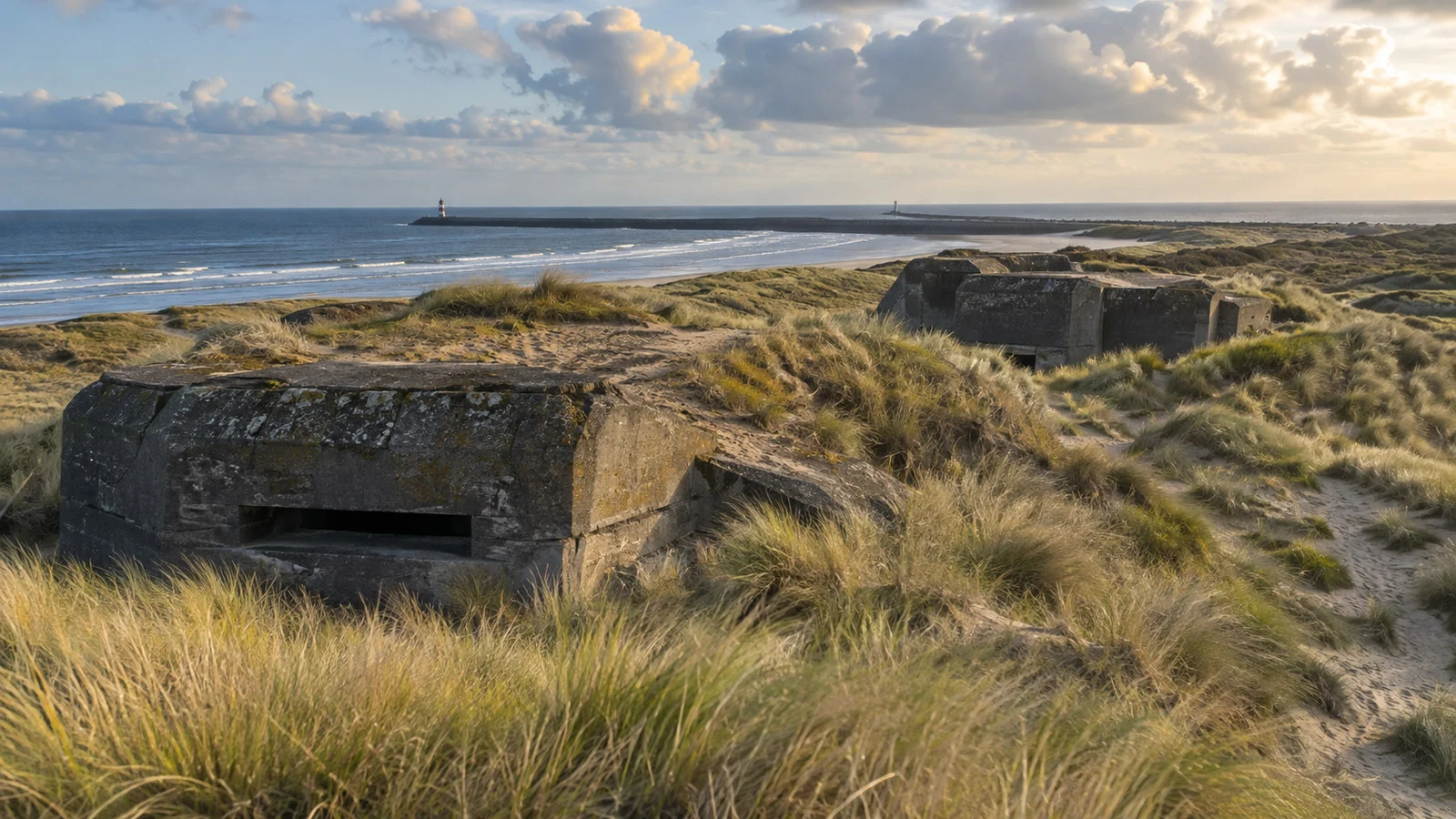 World War II coastal bunkers in IJmuiden dune landscape Netherlands under grasses and sea sky, no people