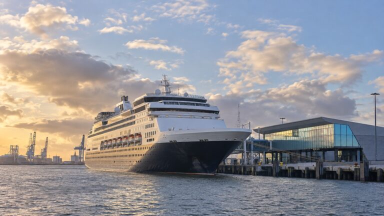 Cruise ship at the Felison terminal in IJmuiden, Netherlands, with port cranes and North Sea sky