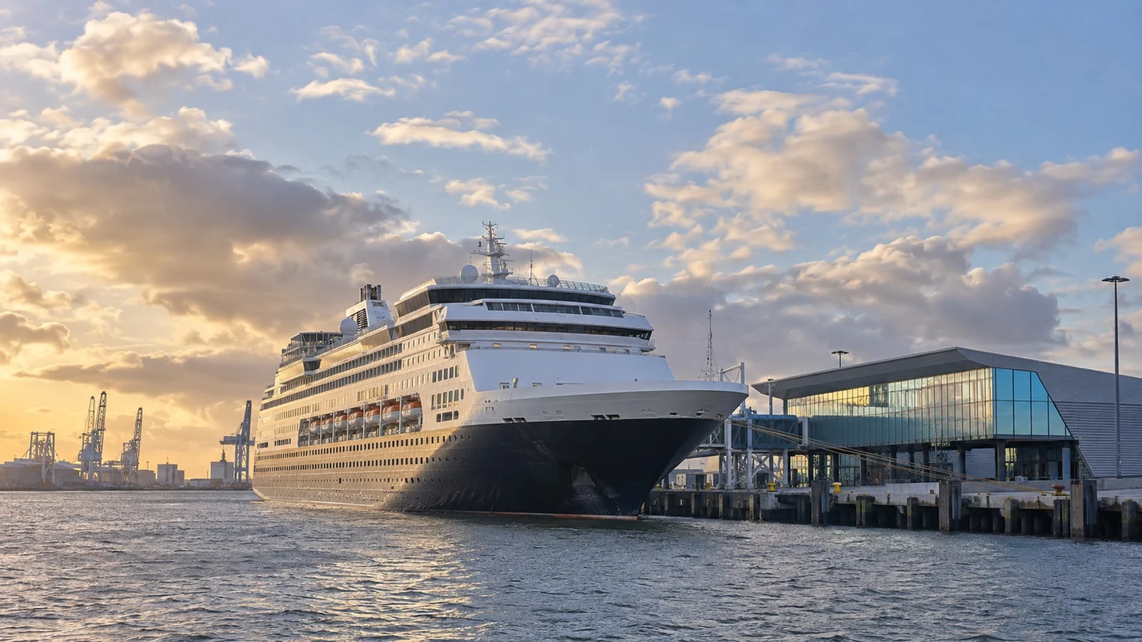 Cruise ship at the Felison terminal in IJmuiden, Netherlands, with port cranes and North Sea sky