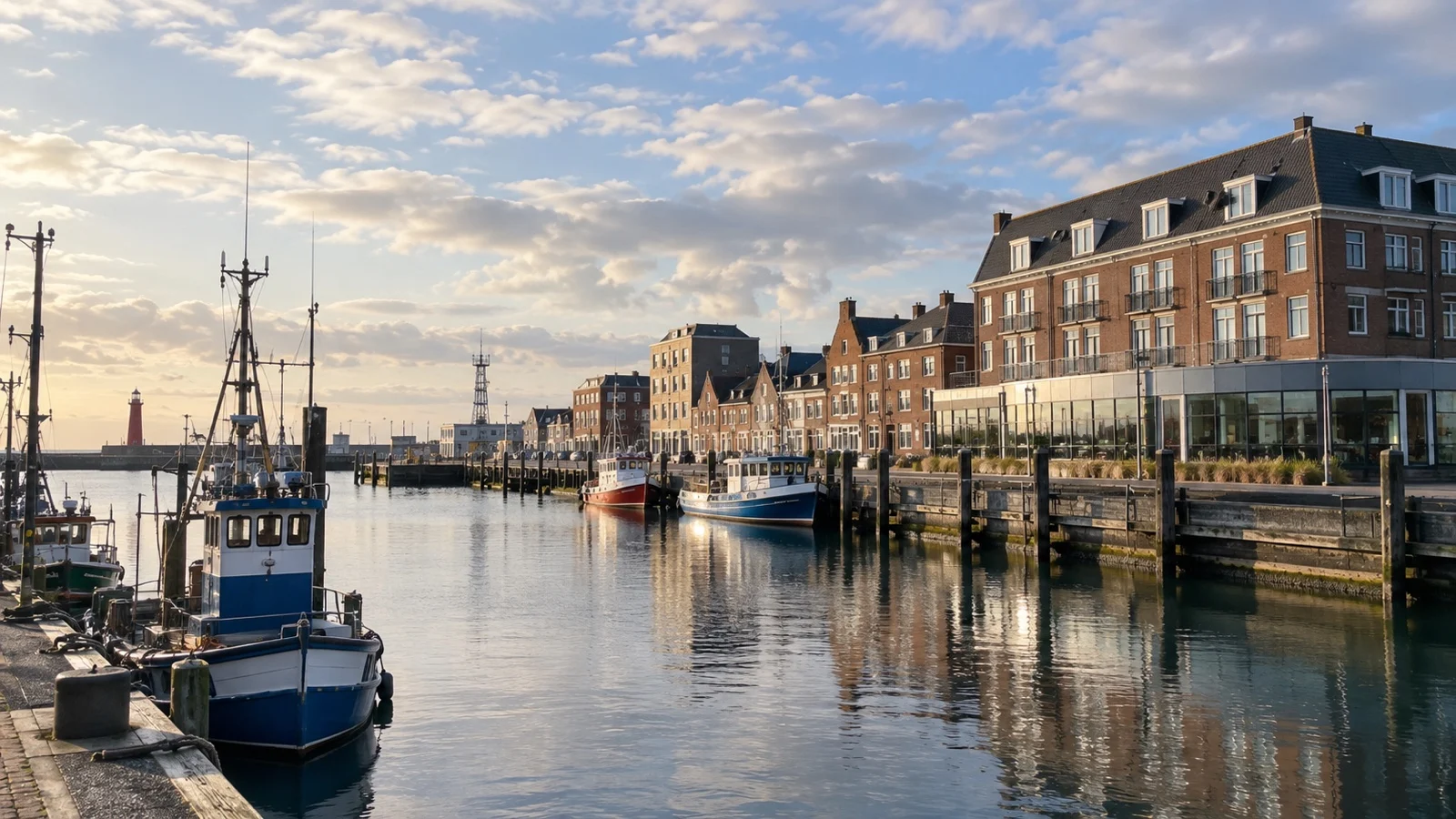 Quiet IJmuiden harbor waterfront with small boats and brick hotel buildings