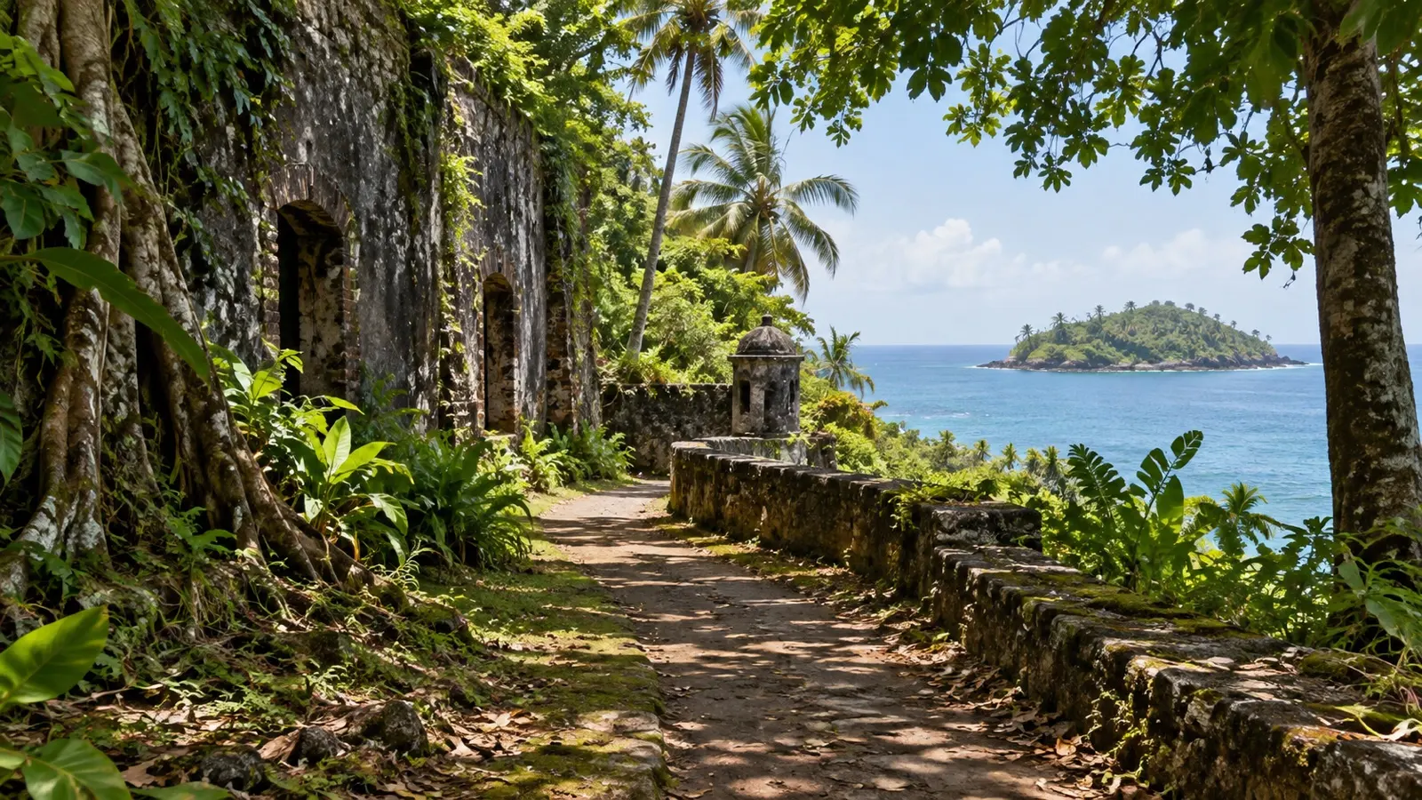 Shaded path past stone walls and tropical greenery toward the sea on Île Royale