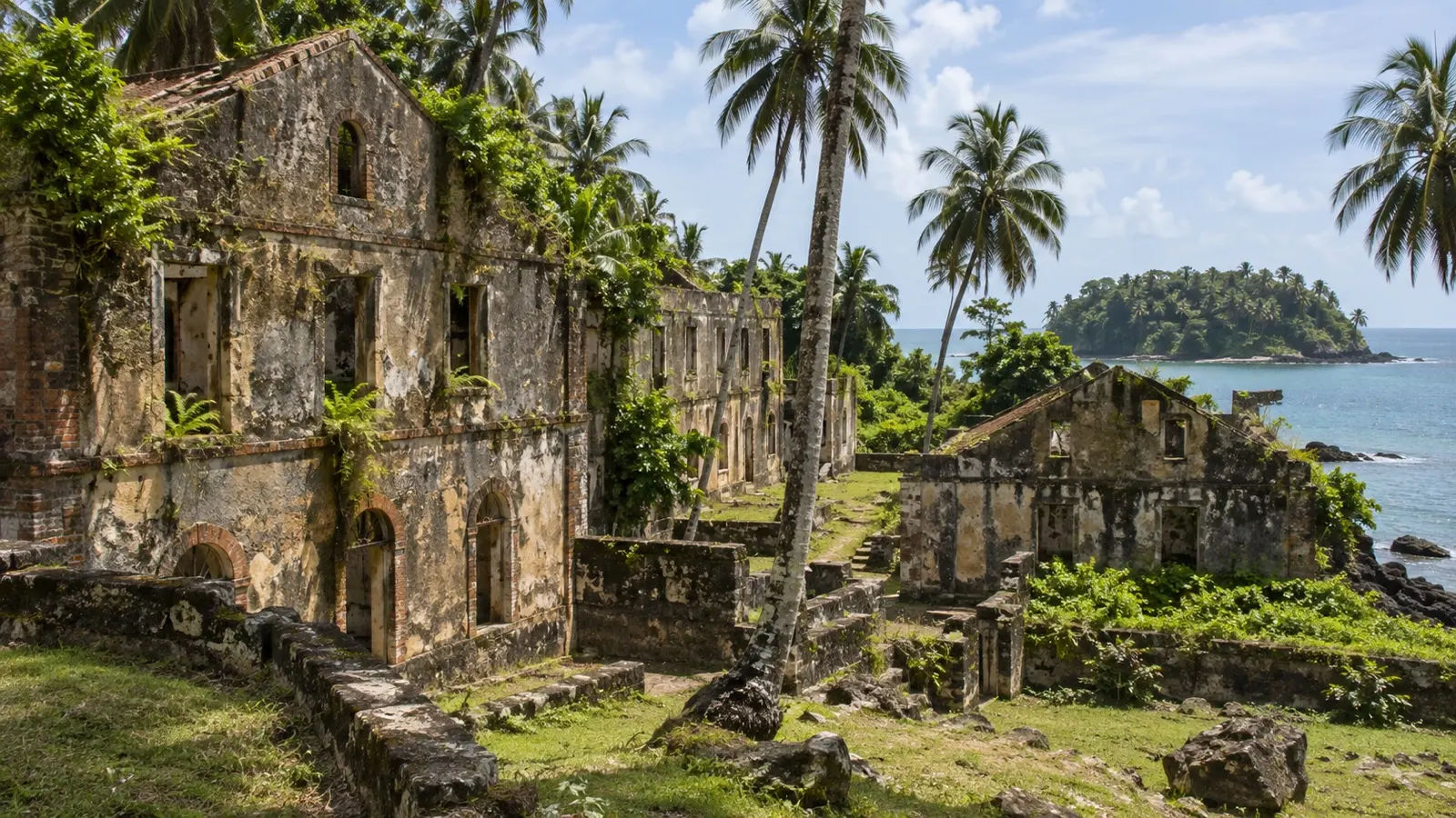 Weathered former hospital buildings among palms on Île Royale