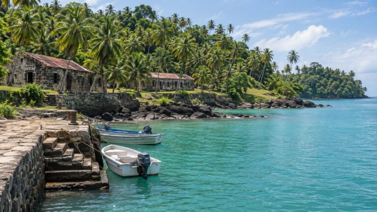 Small boats moored beside a stone landing on palm-covered Île Royale