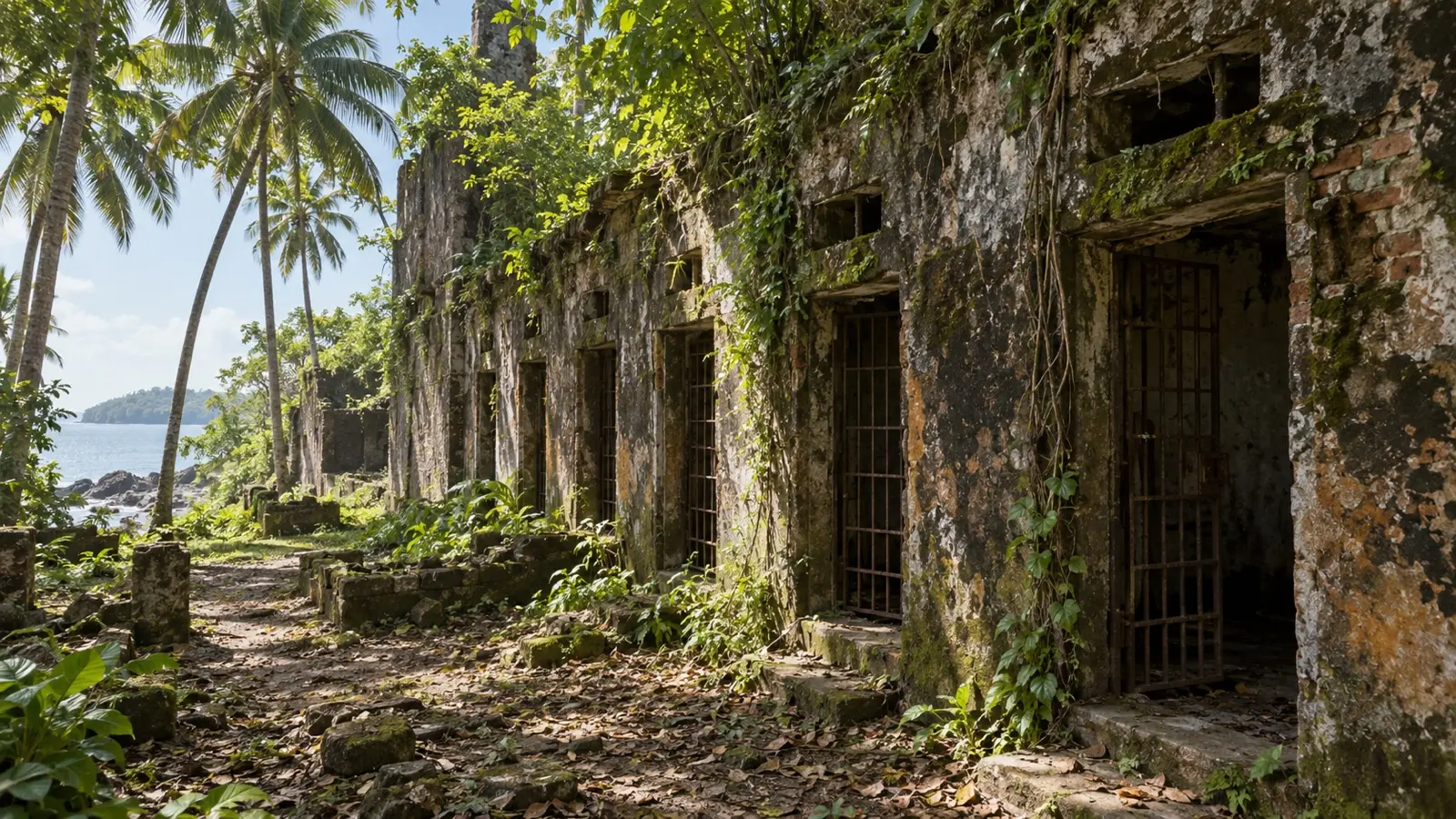 Overgrown stone cell blocks from the former penal colony on Île Royale