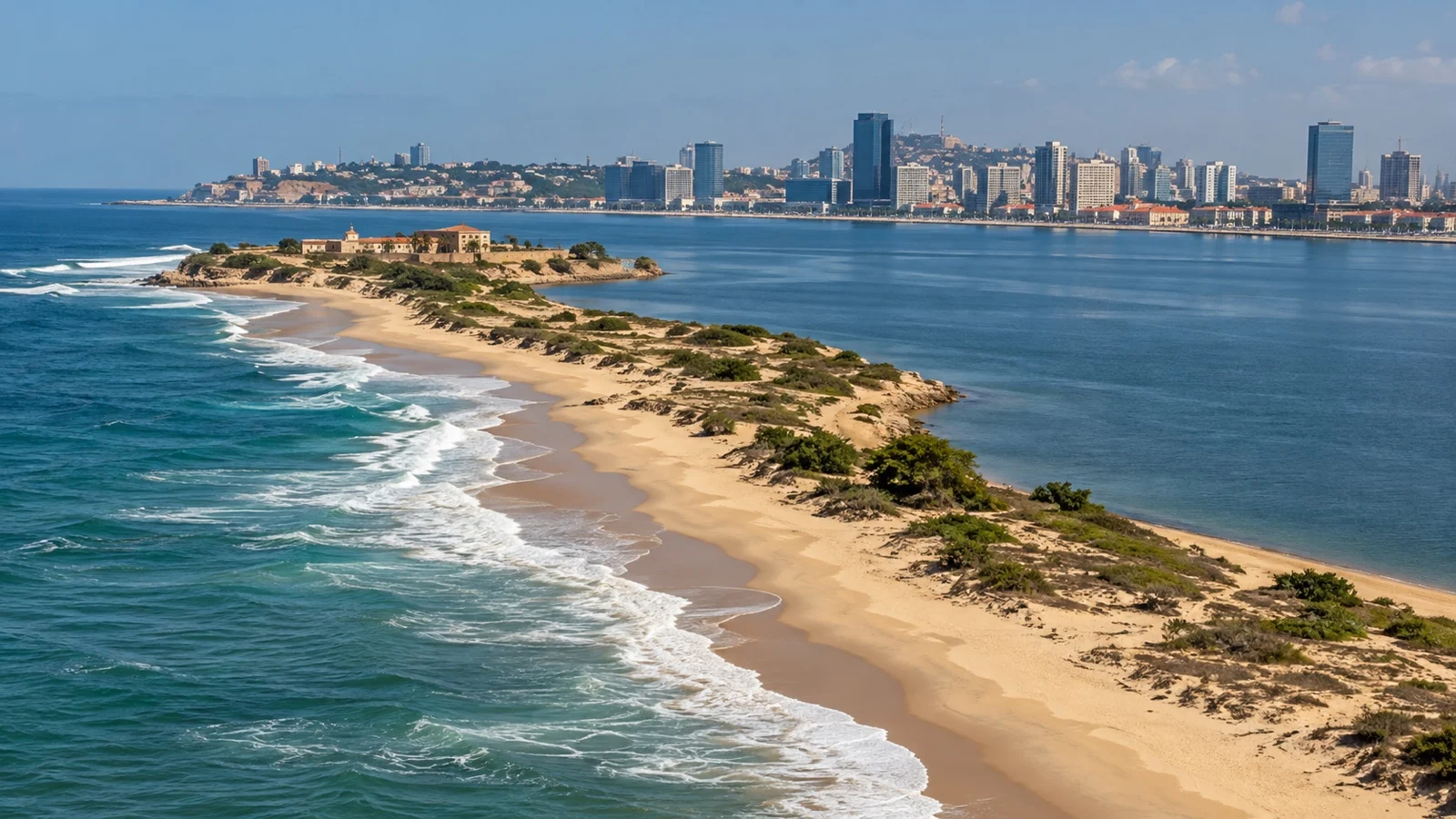 Ilha do Cabo waterfront with Luanda skyline beyond