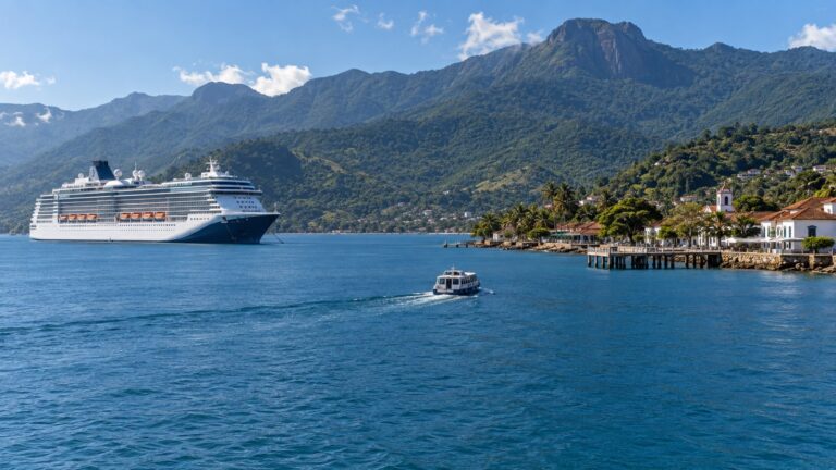 Cruise ship and tender offshore from Ilhabela, Brazil