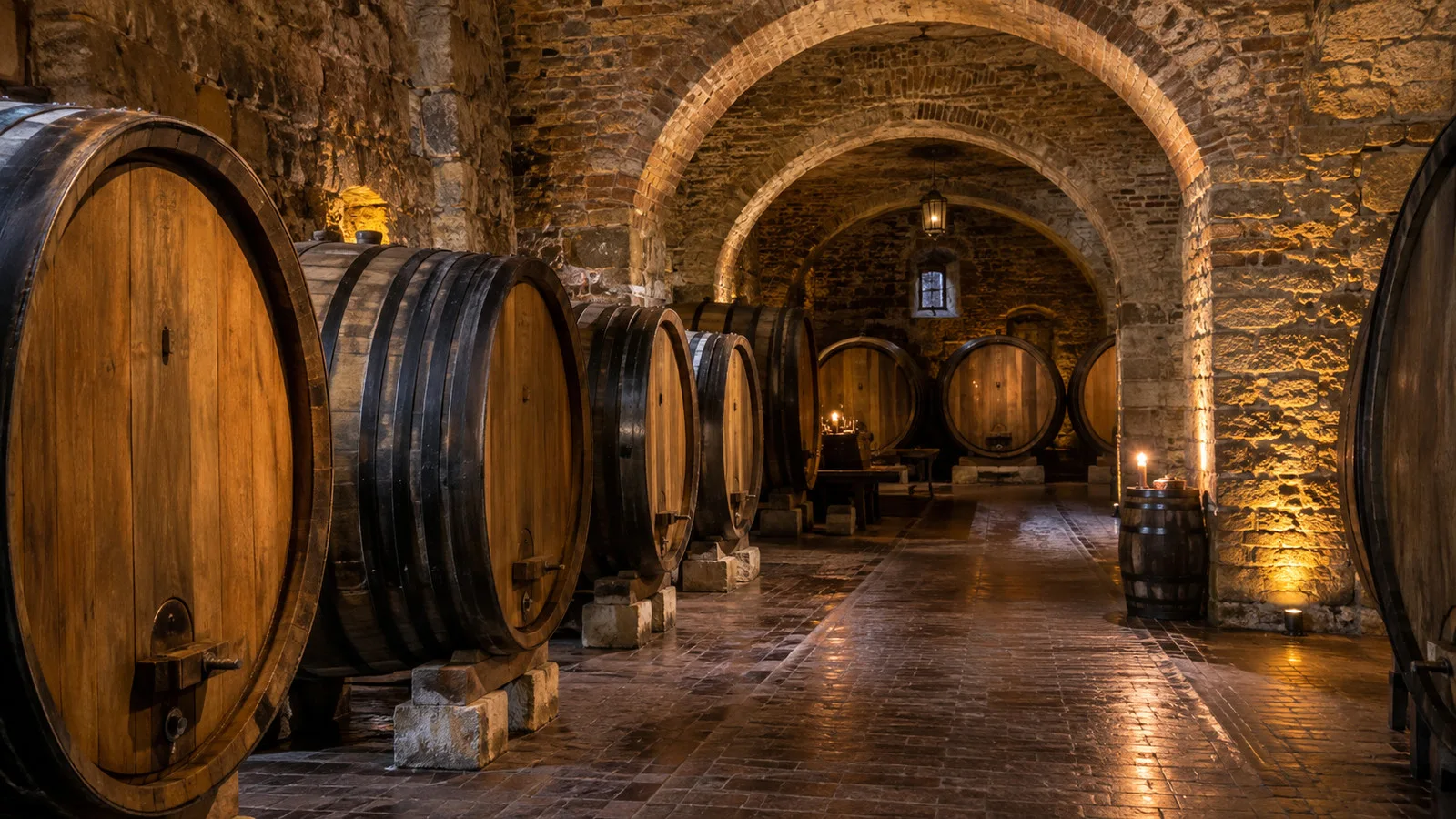 stone-arched wine cellar in Ilok Croatia with oak barrels and no people