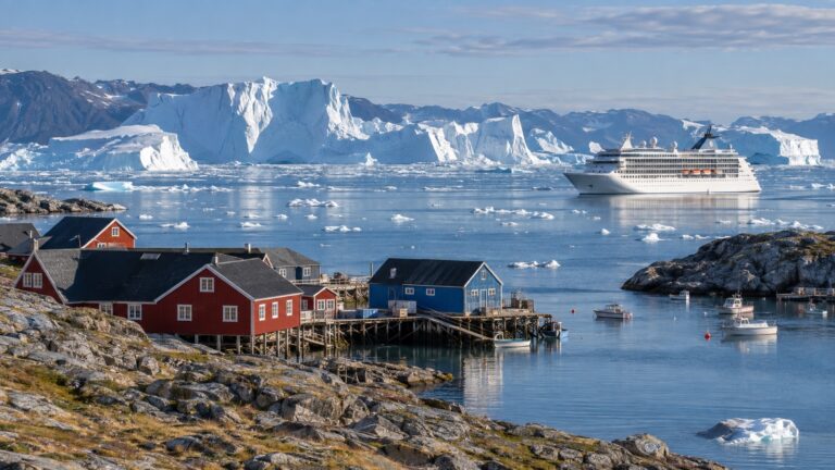 Cruise ship in Ilulissat harbor with icebergs beyond the town