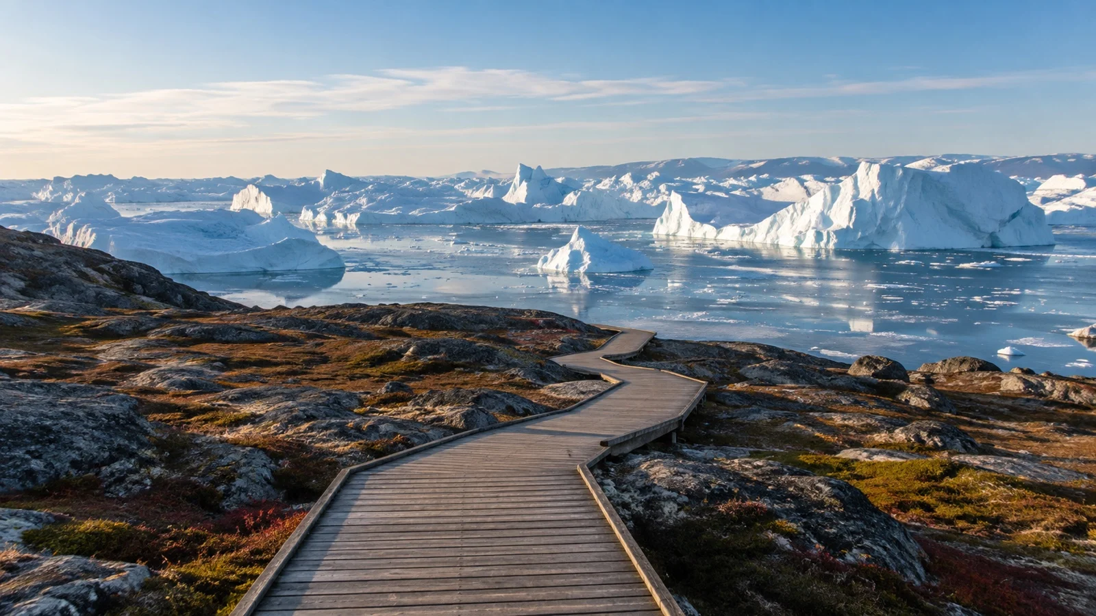 Boardwalk overlooking the icebergs of Ilulissat Icefjord