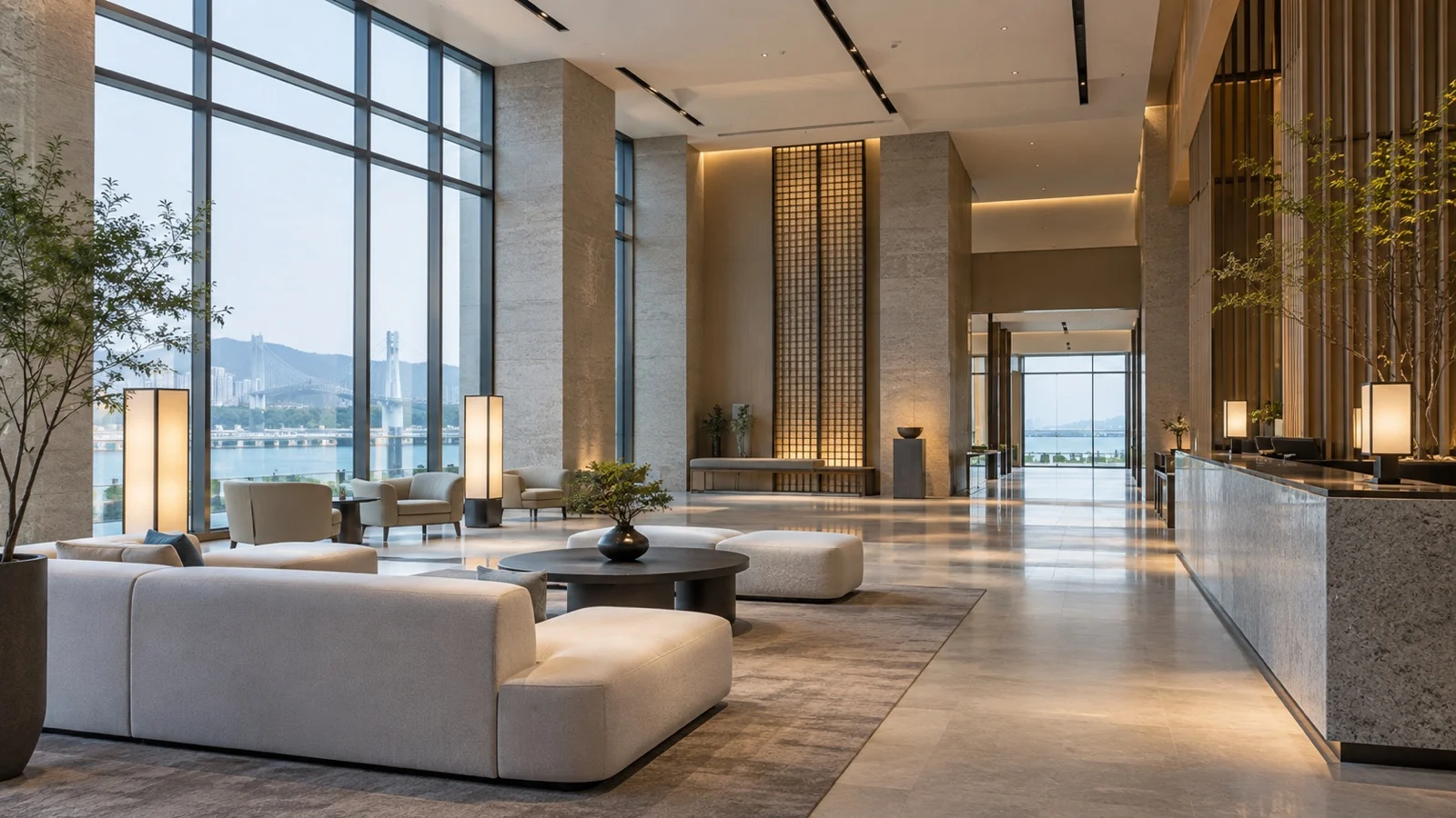 Empty airport hotel lobby near Incheon with minimalist Korean design