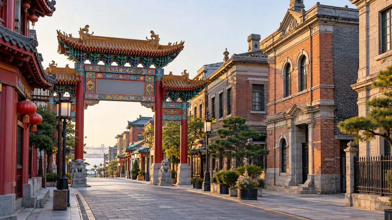 Colorful gate and historic brick buildings in Incheon’s old port district