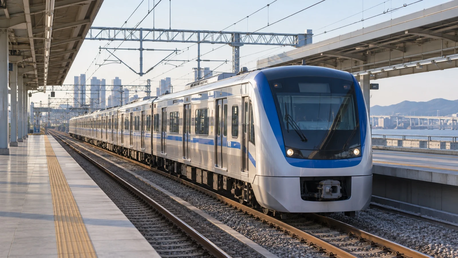 Commuter train at an empty station on the Incheon-Seoul corridor