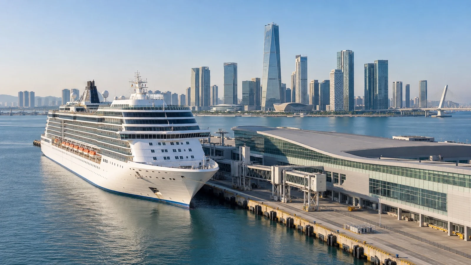Cruise ship at Incheon International Cruise Terminal in South Korea with modern Songdo skyline beyond