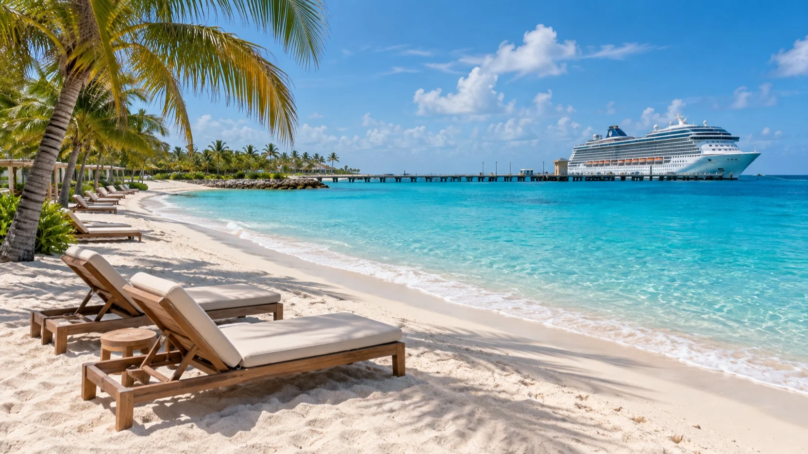 Empty included beach with loungers and cruise ship at a private island