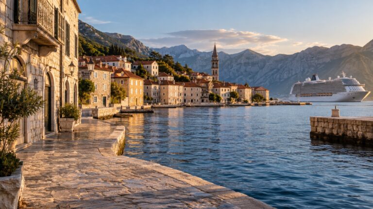 Walkable historic waterfront town beside a cruise ship