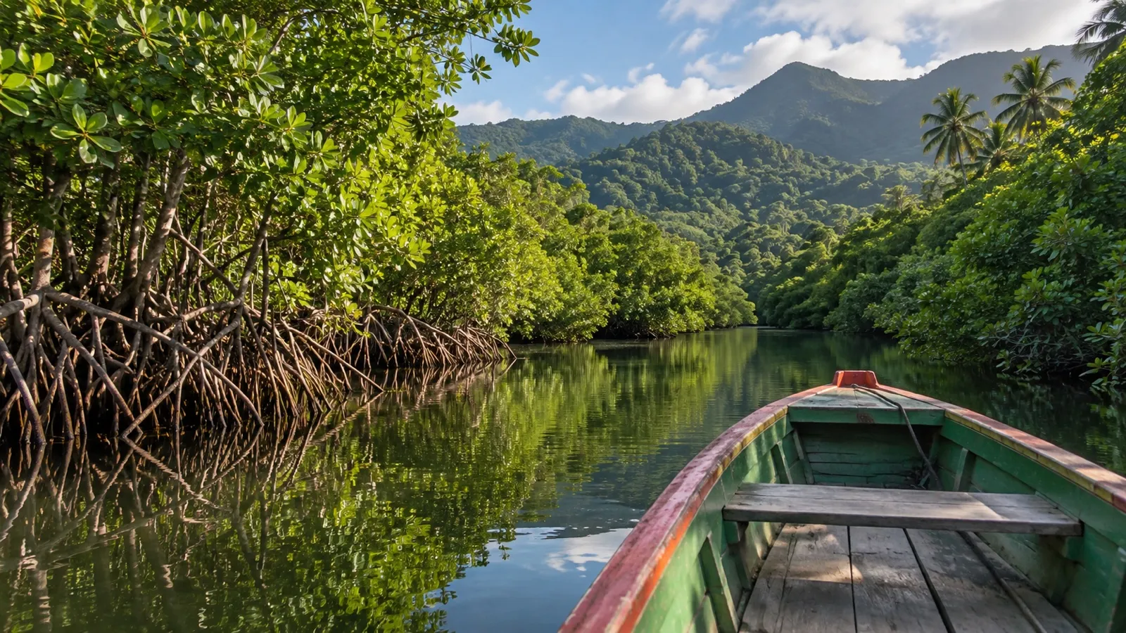 Small boat on the mangrove-lined Indian River near Portsmouth Dominica