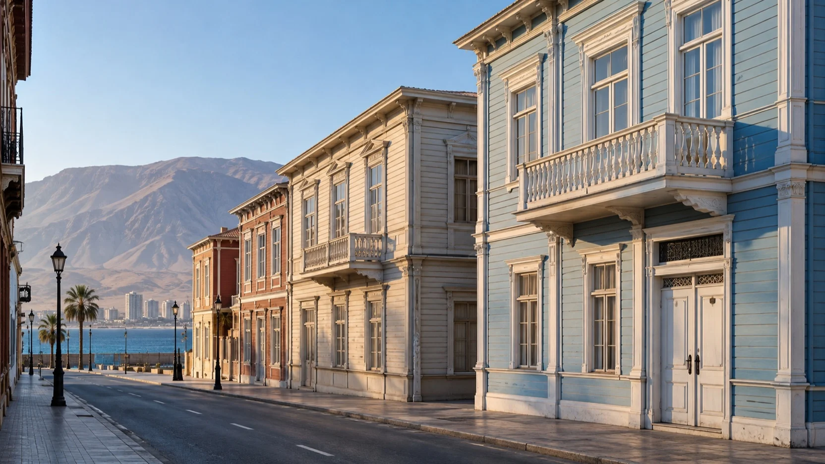Historic wooden buildings along Iquique's empty Baquedano Street