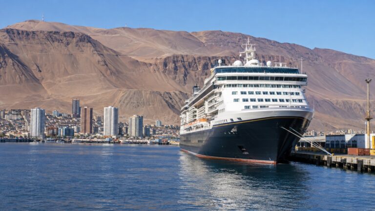 A cruise ship at Iquique's Pacific port below Chile's coastal desert hills