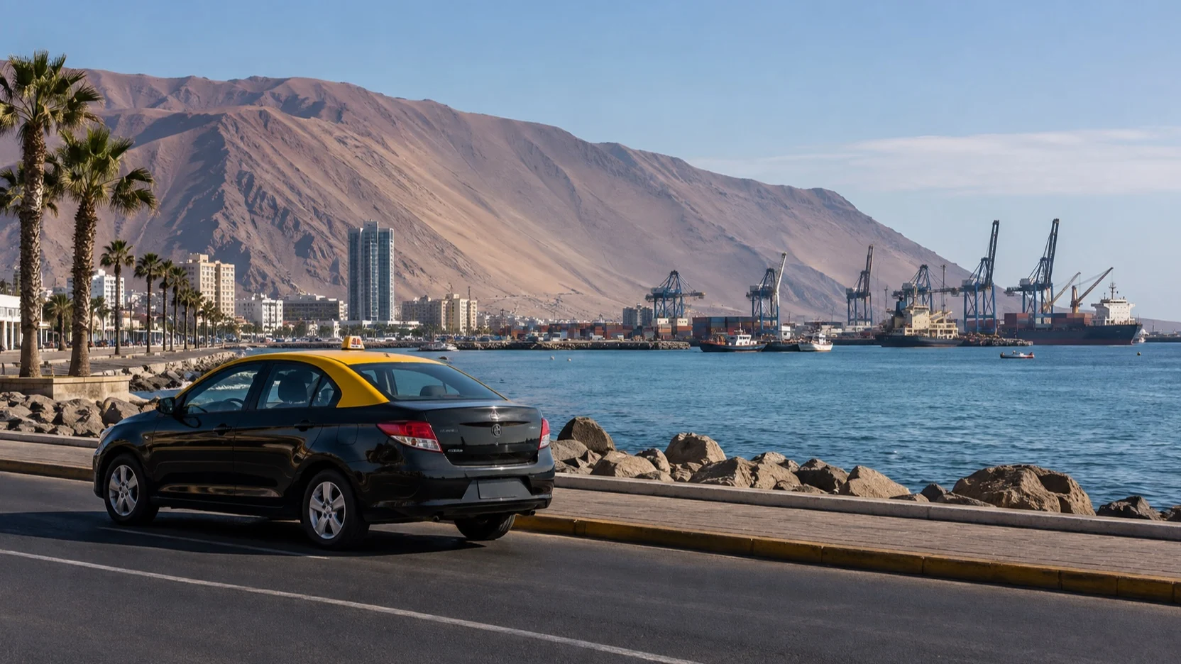 An empty taxi on a quiet street near Iquique's port