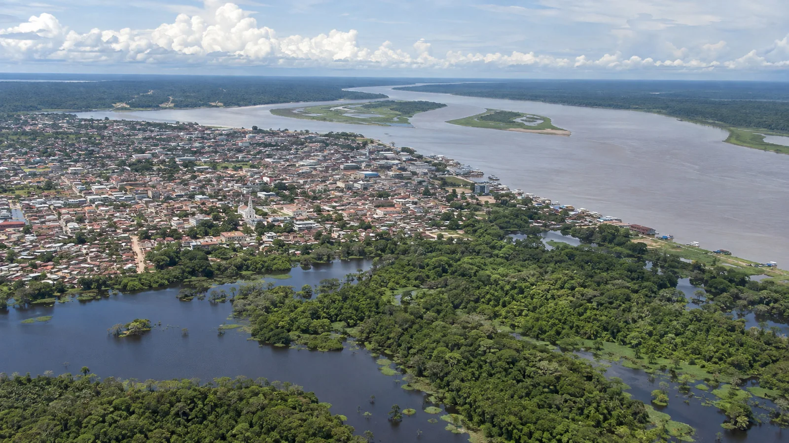 Aerial view of Iquitos surrounded by Amazon waterways and forest