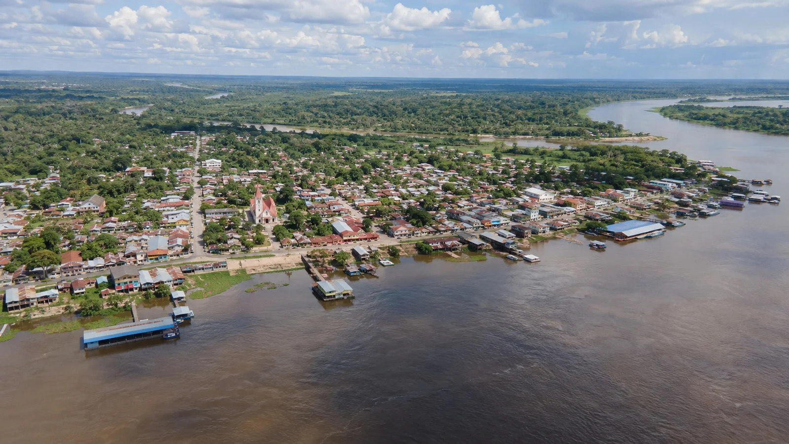 Aerial view of Nauta and its riverfront in Peru's Loreto region