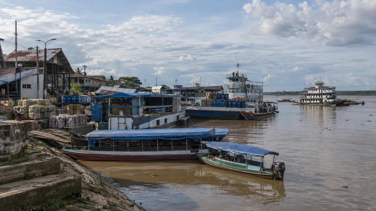 Passenger and cargo boats at La Punchana river landing in Iquitos