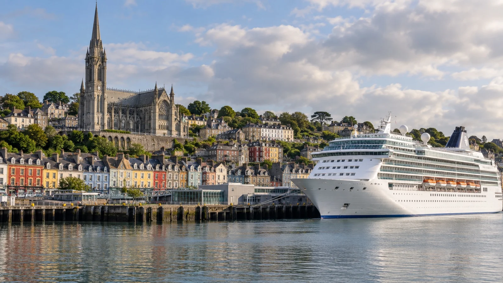 Cruise ship beside Cobh's colorful waterfront and cathedral in County Cork