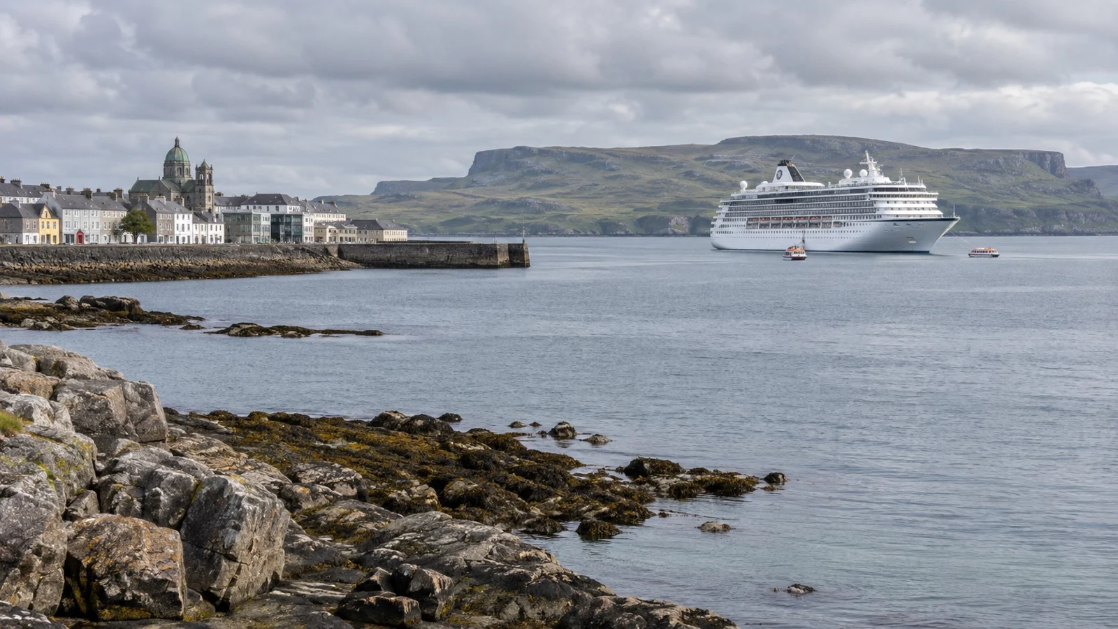 Cruise ship anchored in Galway Bay off Ireland's west coast