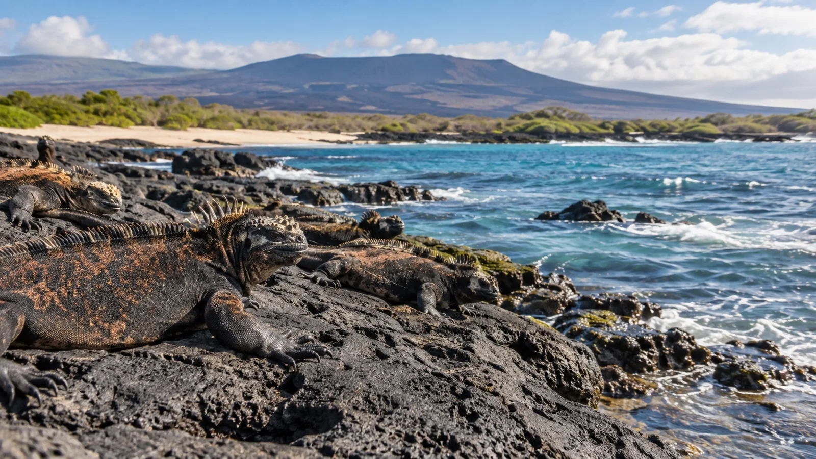 Isabela Island shoreline with marine iguanas