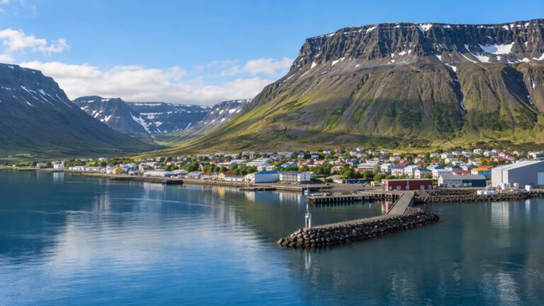 Ísafjörður harbor below steep Westfjords mountains