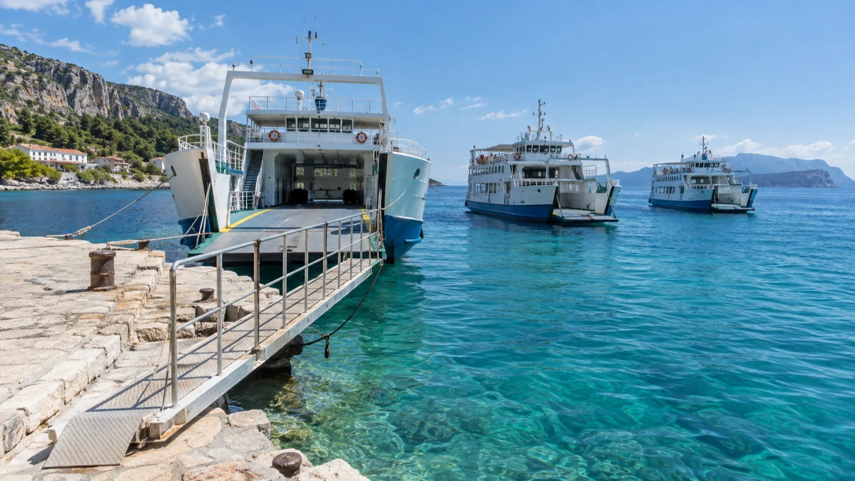Small island ferries beside a narrow boarding gangway