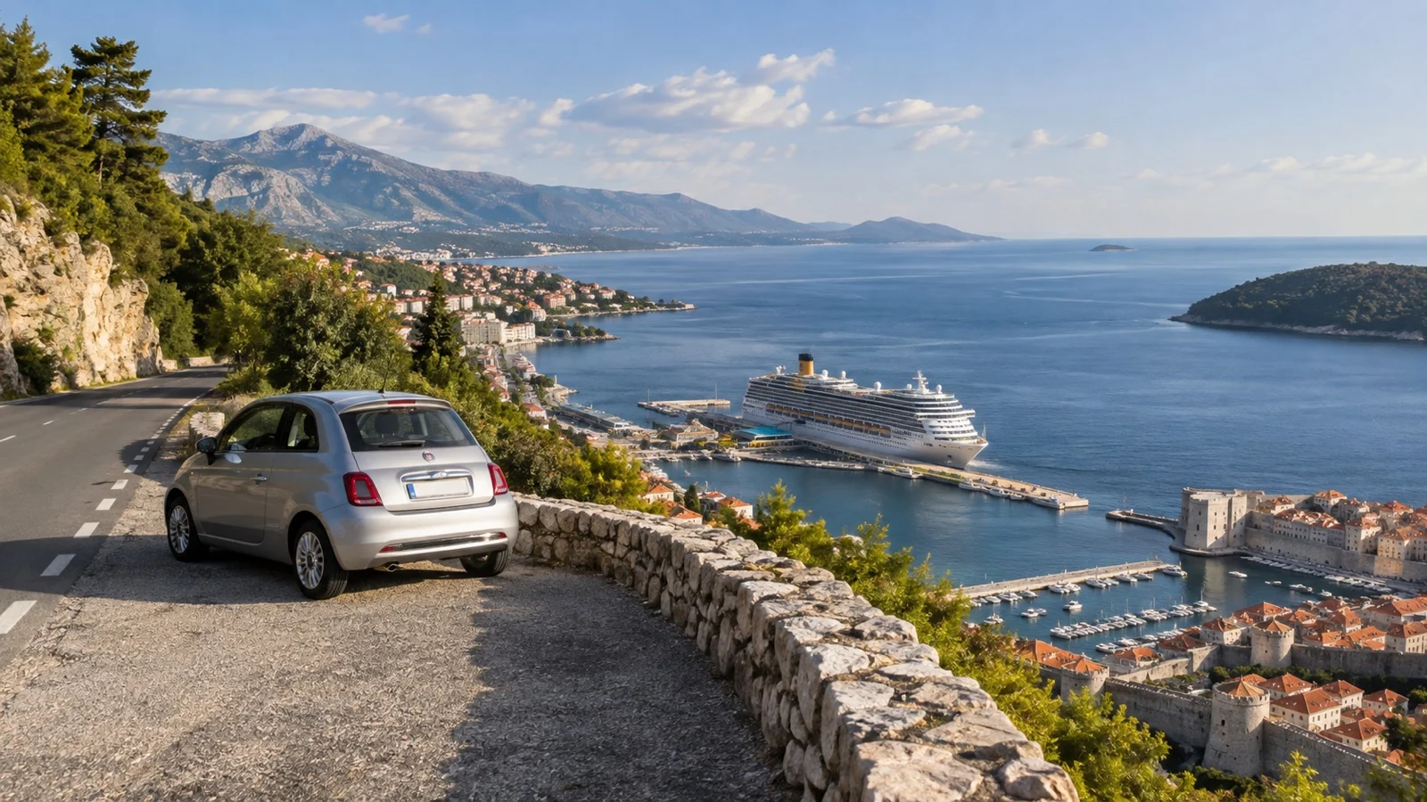 Empty scenic coastal road near a cruise port with small car parked by viewpoint