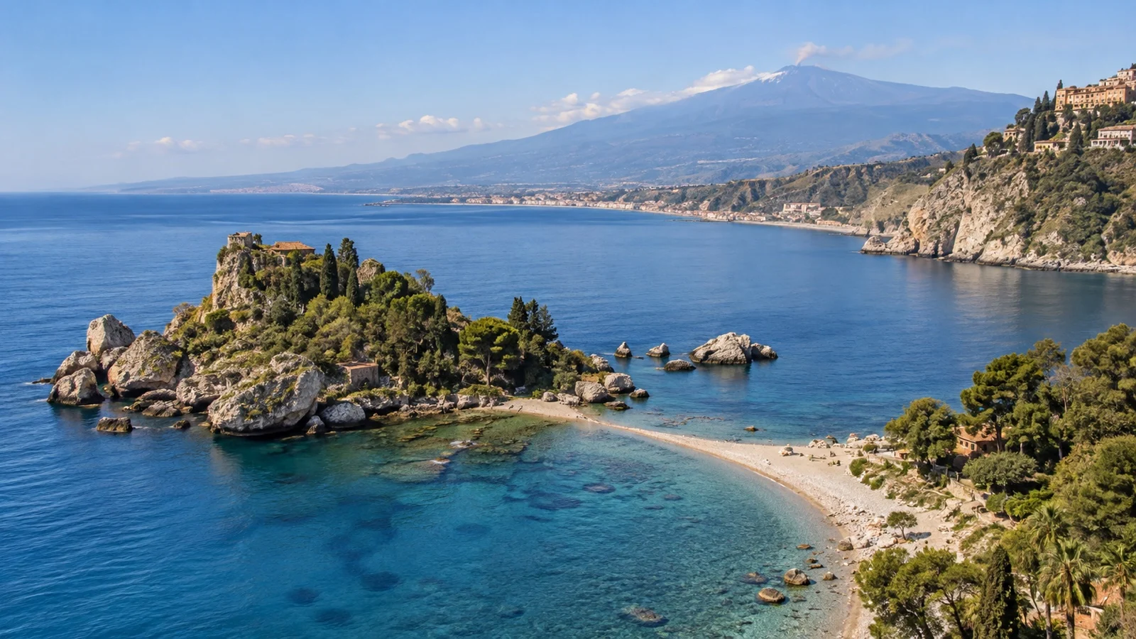 Isola Bella island and narrow beach below Taormina
