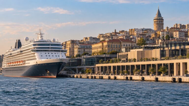 Cruise ship at Istanbul’s Galataport waterfront beneath Galata Tower