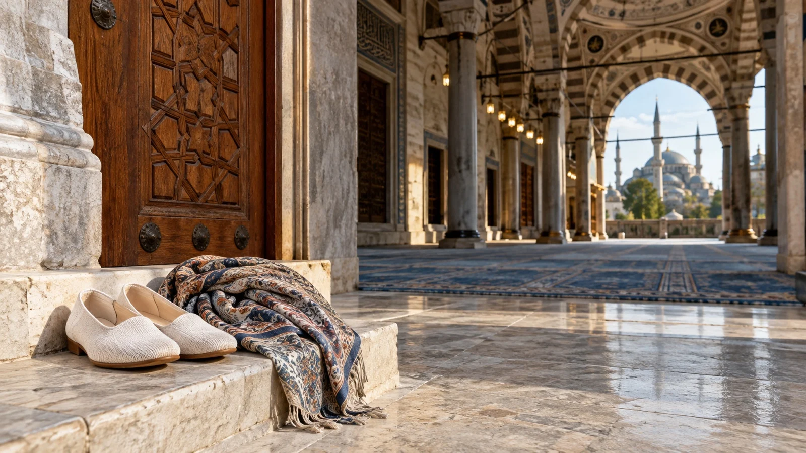 Shoes and scarf arranged at empty mosque entrance in Istanbul