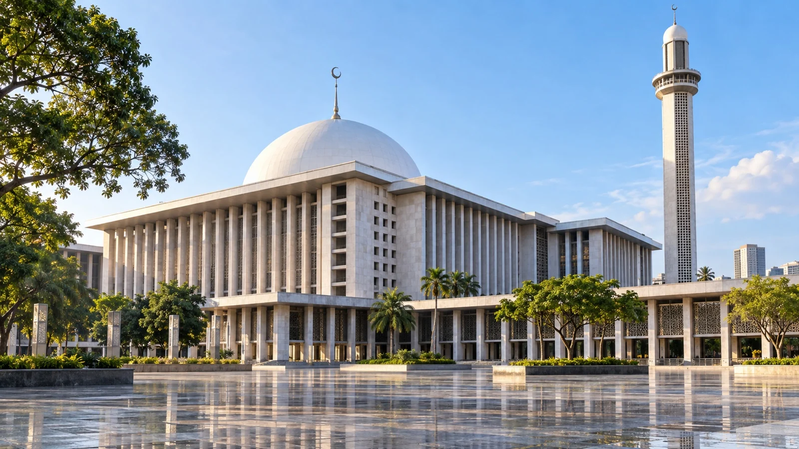 Grand white dome and minaret of Istiqlal Mosque Jakarta