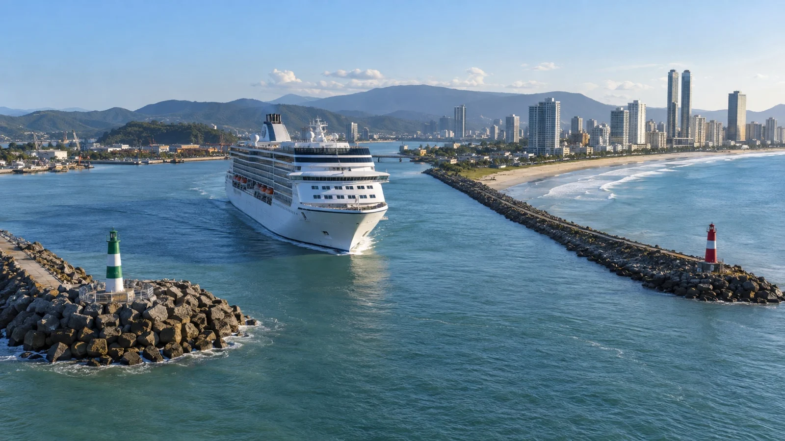 Cruise ship entering Itajaí River from Atlantic