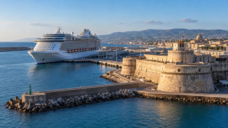 Cruise ship in Civitavecchia harbor with historic waterfront fortifications near Rome