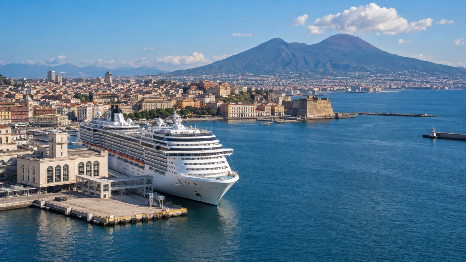 Cruise ship at Naples harbor with Mount Vesuvius across the bay