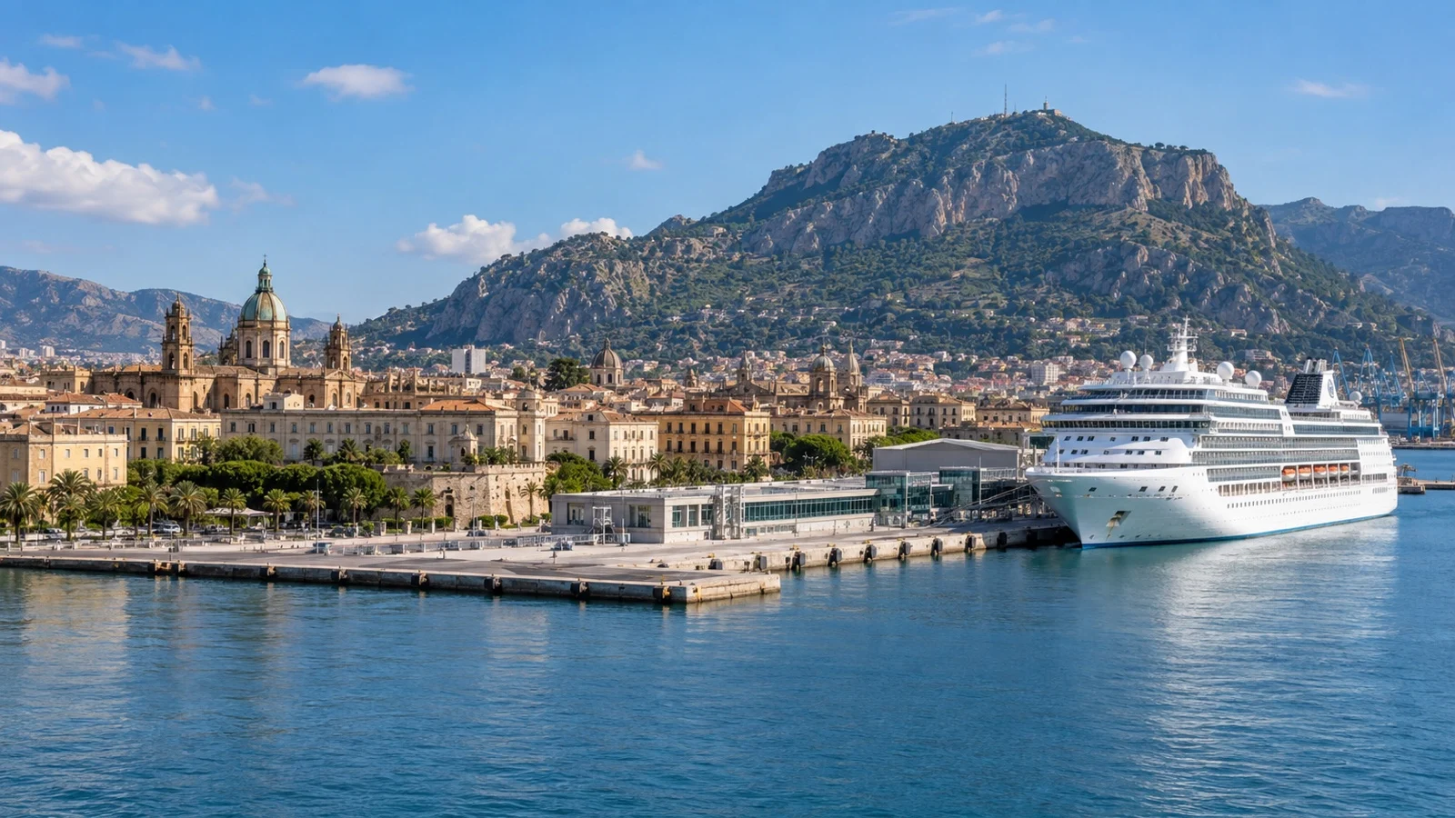 Cruise ship in Palermo harbor with Sicilian waterfront buildings and mountains beyond