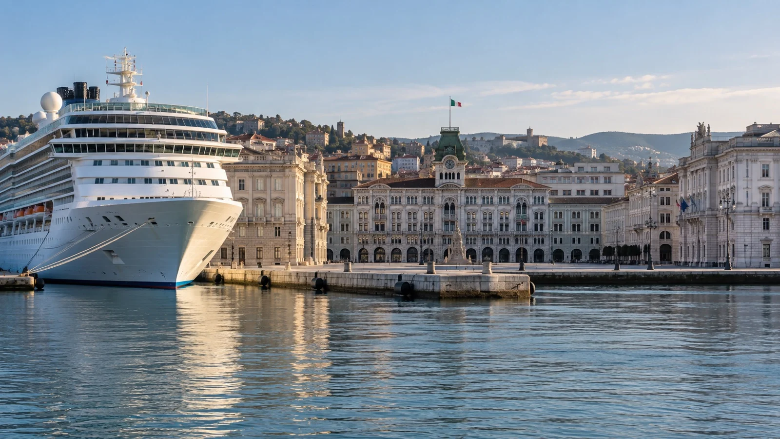 Cruise ship at Trieste waterfront beside neoclassical buildings on the Adriatic Sea