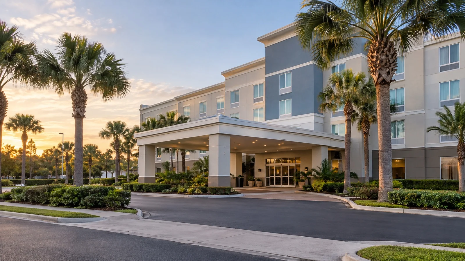 Practical Jacksonville airport-area hotel exterior with palms and quiet roadway