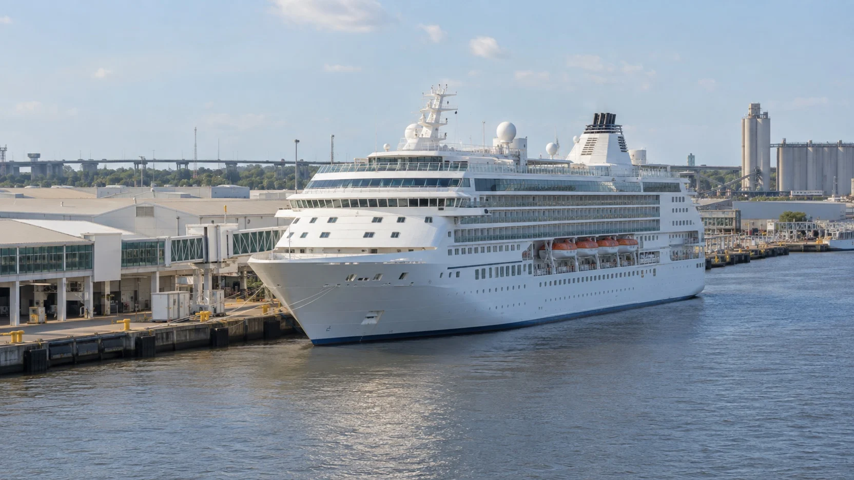 Cruise ship beside the Jacksonville JAXPORT terminal and gangway