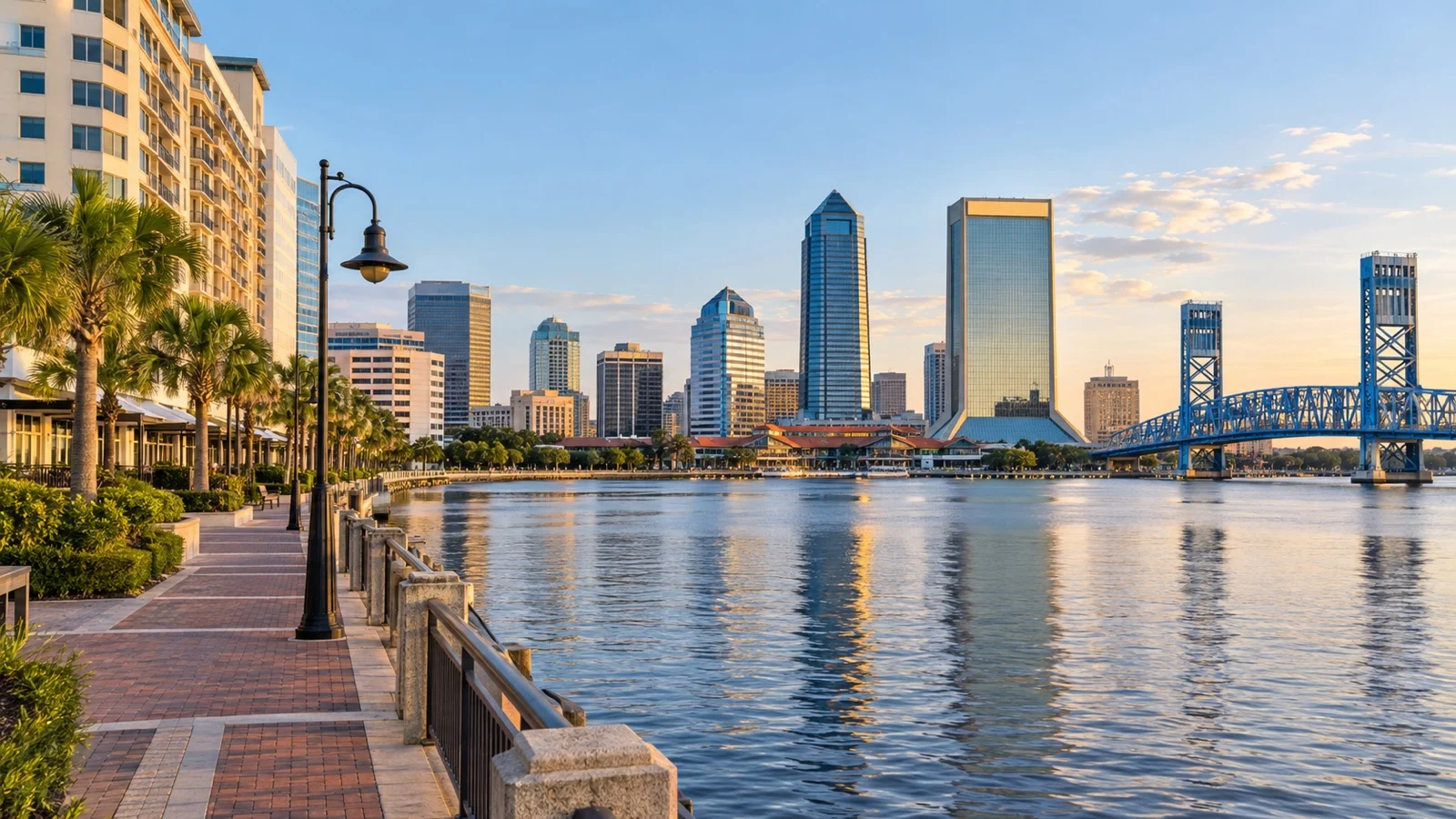 Jacksonville Southbank Riverwalk with waterfront hotels and St. Johns River skyline