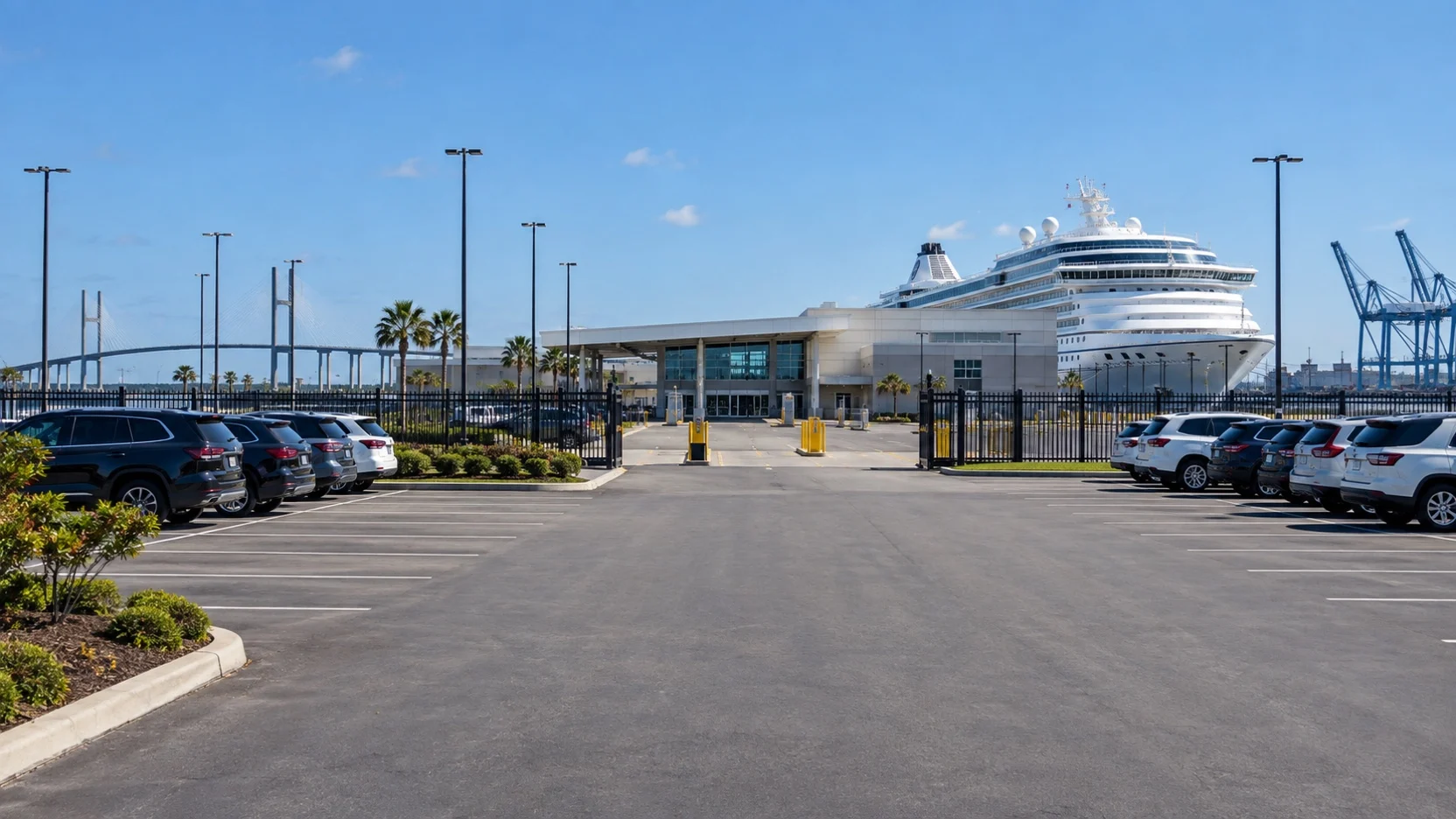 Gated JAXPORT cruise terminal parking approach with parked cars and a ship beyond