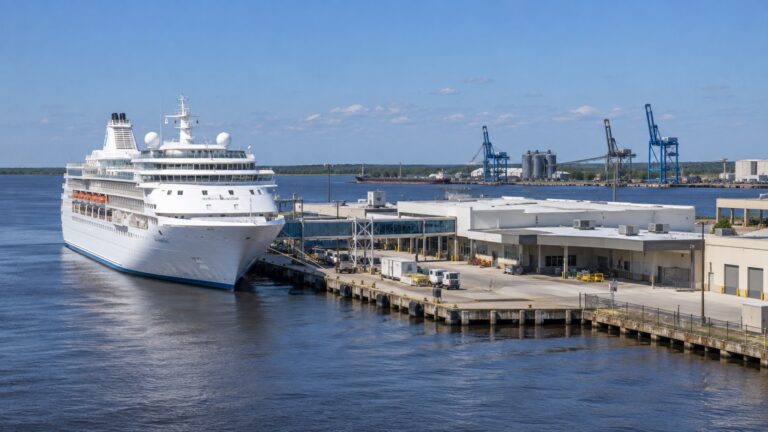 Cruise ship docked at the JAXPORT terminal on Jacksonville’s St. Johns River