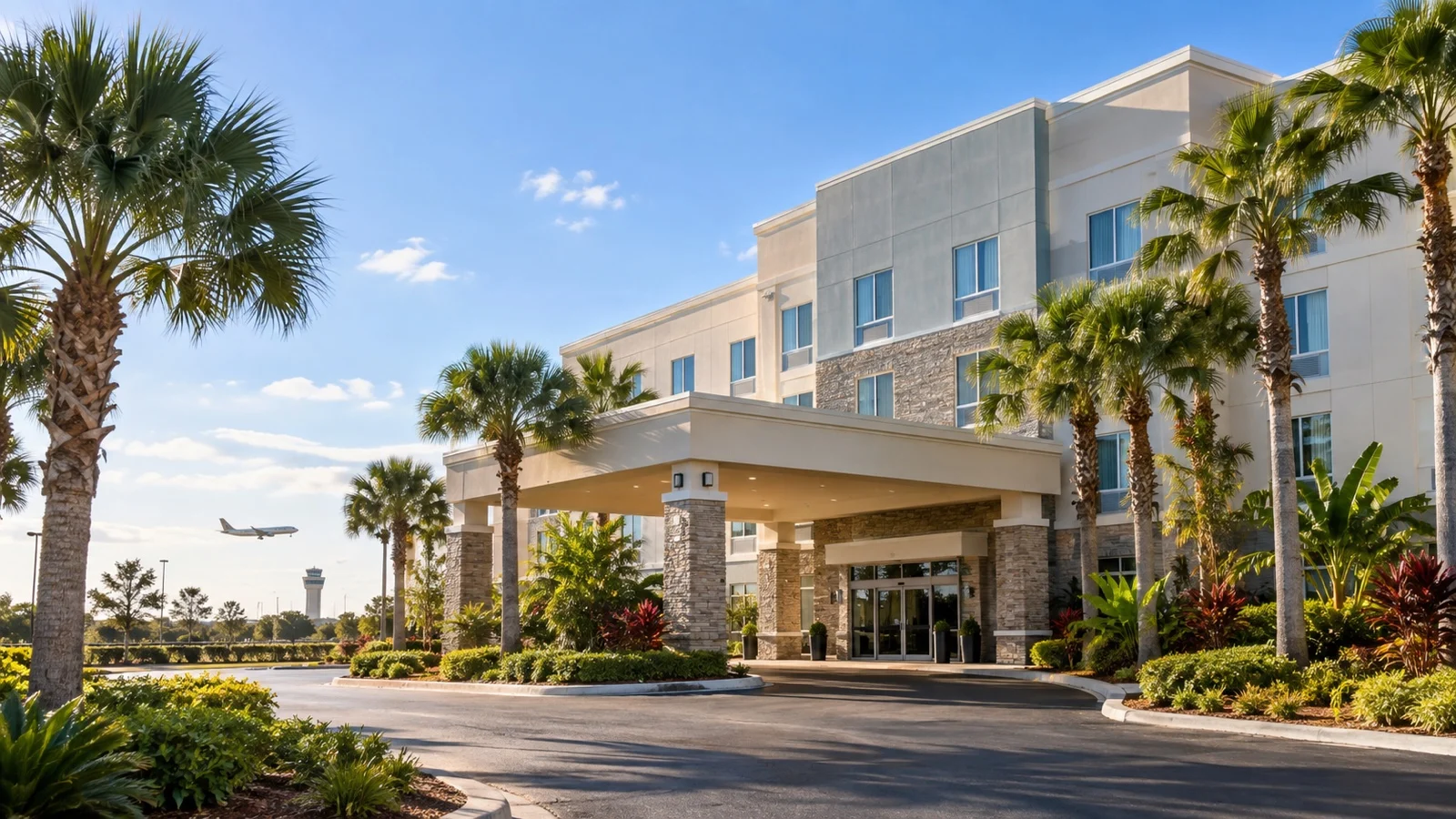 Modern mid-range hotel near Jacksonville International Airport with tropical landscaping and sunny Florida light